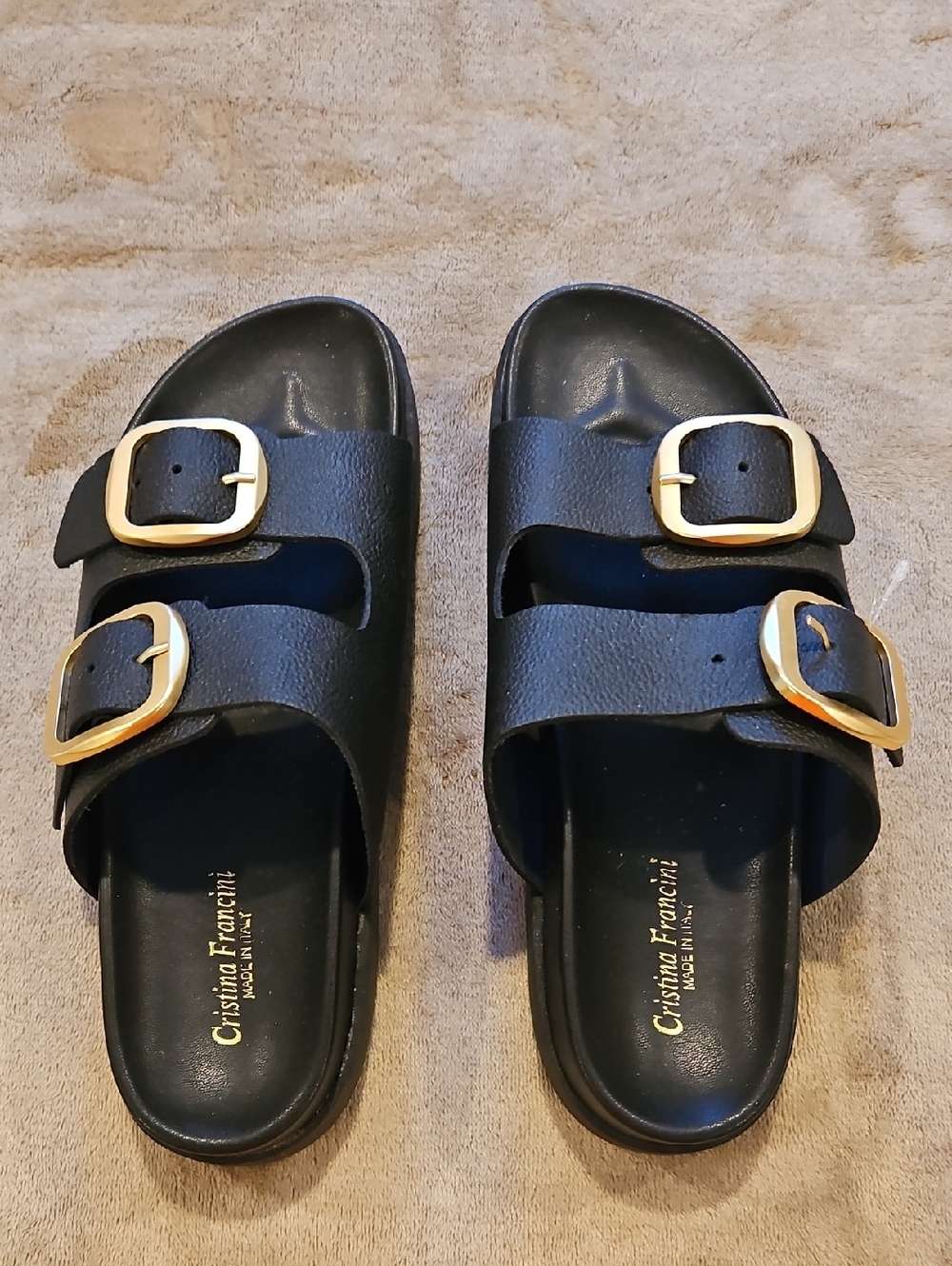 Cristina Francini Black Slide Sandals with Gold Buckles